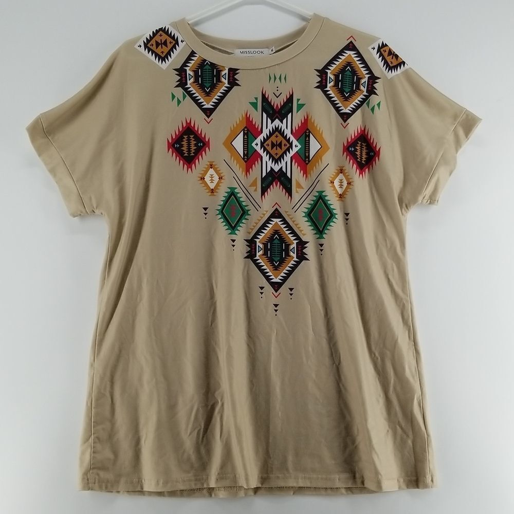 Misslook Tee Shirt Women's Medium Short Sleeve Olive Green Beige Medallion Print